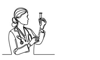 AI generated one continuous black line drawing sketch doctor woman looking at pouring liquid in test tube of clear solution in a Scientist laboratory International Doctor Day concept vector