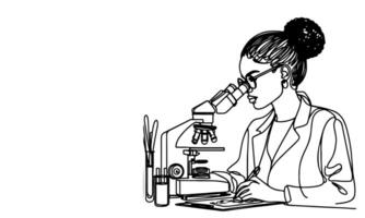 AI generated one continuous black line drawing sketch doctor woman looking at pouring liquid in test tube of clear solution in a Scientist laboratory International Doctor Day concept vector