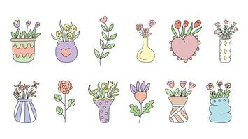 Vase with flowers in doodle style set. vector