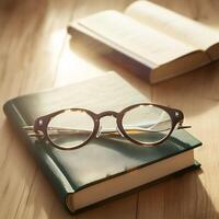 AI generated Study aesthetics Eyeglasses with books on a wooden table, vintage tone For Social Media Post Size photo