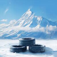 AI generated Winter mountain landscape with four black tires in foreground For Social Media Post Size photo
