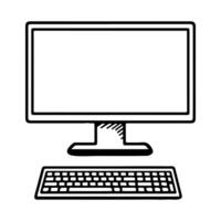 continuous single black line closeup modern desktop computer mockup front view blank screen with Keyboard outline doodle, vector illustration on transparent background