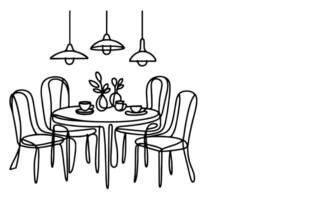 AI generated one continuous black line drawing Dining table and chairs outline doodle vector illustration on white background