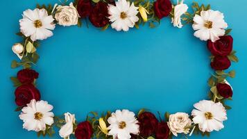 AI generated Frame Turquoise blue background top view frame for floral composition photo