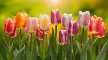 AI generated Frame Colorful tulip flowers on spring background for Mothers Day photo