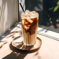 AI generated Ice coffee in a tall glass with cream poured over, ice cubes and beans on a table. Glass of a iced coffee with cream milk. Cold brew coffee drink with ice. Early morning sun light. photo