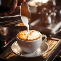 AI generated Barista Is Pouring Latte Art. milk to making latte art coffee at cafe or coffee shop, barista making latte art, shot focus in cup of milk and coffee. photo