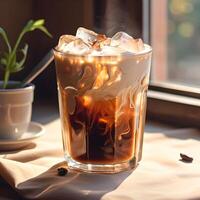 AI generated Cold brew coffee with milk and ice cubes in transparent glass. Cold summer healthy drinks concept. photo