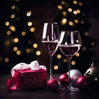 AI generated Red wine glass on a dark textured. Fir branches with garlands in the background. Festive atmosphere. Christmas decor on table. Hot mulled wine drink in a glass cup Christmas eve. photo