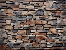 AI generated Stone wall texture background, grey stone siding with different sized stones. Stones Perfectly Placed. Gray stone wall background. photo