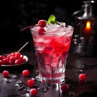 AI generated Fresh cherry juice with berries. Glass of red berry cold alcohol cocktail with cherry, slice of orange and straw on elegant dark brown background. photo