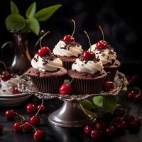 AI generated chocolate cupcake with a cherry. decadent black forest cake, adorned with a generous garnish of juicy cherries, tempts the taste buds with its rich chocolate layers photo