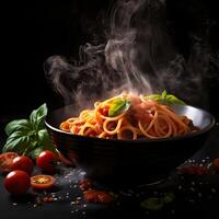 AI generated Classic tomato and basil pasta recipe, Italian Cuisine. spaghetti with tomato sauce and basil. Pasta spaghetti with tomato sauce and cheese served on black plate. photo