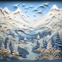 AI generated Paper cut mountains. Winter nature landscape scenery banner background paper art style. Clouds and mountains background. photo