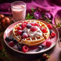 ai generado alto ángulo ver de desayuno servido en mesa. desayuno con vienés gofres, Fresco fresas y cremoso chocolate salsa. el platos son en el blanco mesa. ver desde arriba. foto