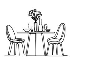 AI generated one continuous black line drawing Dining table and chairs outline doodle vector illustration on white background