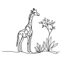 continuous single hand drawing black line art of giraffe standing outline doodle cartoon sketch style vector illustration on white background