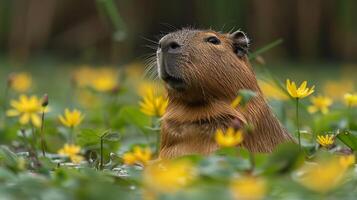 AI generated Capybara Grazing in Field of Yellow Flowers photo