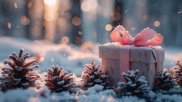 AI generated Pink Ribbon-Wrapped Present in Snow photo