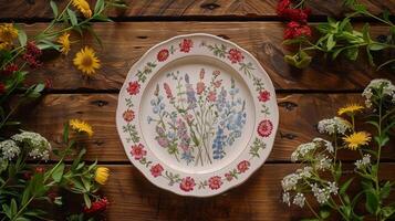 AI generated White Flowers in Bowl on Wooden Table photo