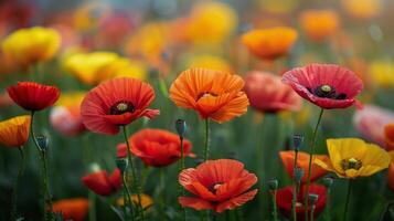 AI generated Vibrant Field of Red, Yellow, and Blue Flowers photo