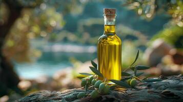 AI generated Olive Oil Bottle on Tree photo