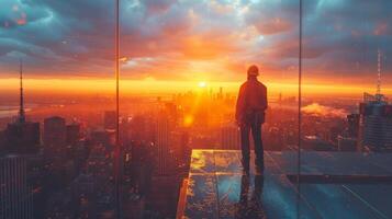 ai generado hombre en pie en parte superior de alto edificio foto