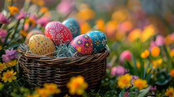 ai generado cesta de pintado huevos en campo de flores foto