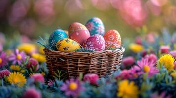 ai generado cesta de pintado huevos en campo de flores foto