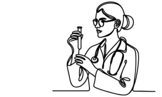 AI generated one continuous black line drawing sketch doctor woman looking at pouring liquid in test tube of clear solution in a Scientist laboratory International Doctor Day concept vector