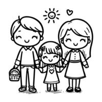 AI generated kid drawing happy family cartoon character outline doodle for coloring book page vector illustration on white background