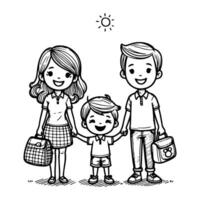 kid drawing happy family cartoon character outline doodle for coloring book page vector illustration on white background