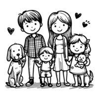 AI generated drawing happy family with dog cartoon character doodle vector illustration on white background