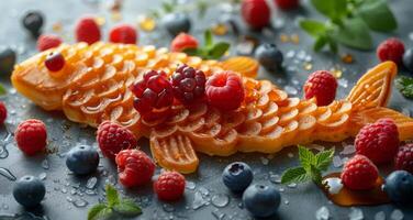 AI generated White Plate With Fish and Fruit photo