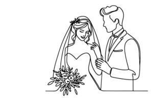 AI generated One continuous single drawing black line art doodle wedding couple bride and groom outlne vector illustration on white background