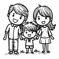 AI generated kid drawing happy family cartoon character outline doodle for coloring book page vector illustration on white background