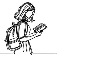 AI generated one continuous black line drawing young school girl with a backpack and carrying book Back to school concept outline doodle vector illustration on white background