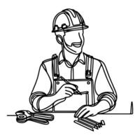 AI generated Happy Labor Day worker man wearing hard hat continuous one line draw design black outline drawing Labor Day icon concept sketch of the workers doodle style vector