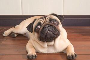 AI generated Home sweet home Cute pug lies on the floor photo