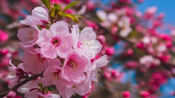 ai generado rosado florecer flor crea un delicado floral antecedentes escena foto