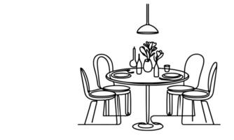 AI generated one continuous black line drawing Dining table and chairs outline doodle vector illustration on white background