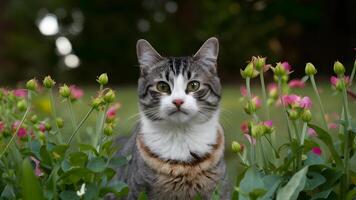 ai generado gato en medio de grupo de flores con bokeh antecedentes foto