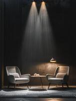 AI generated Two Chairs and a Table in a Dark Room photo