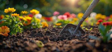 AI generated Garden Filled With Flowers and Shovel photo