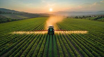 ai generado tractor pulverización pesticida en trigo campo foto