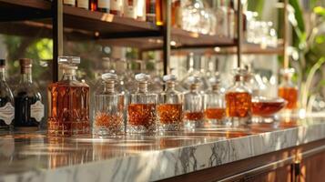 AI generated Bottles of Liquor Lined Up on a Bar photo