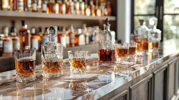 AI generated Bottles of Liquor Lined Up on a Bar photo
