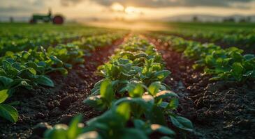 AI generated Sun Setting Over Green Plant Field photo