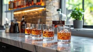 AI generated Bottles of Liquor Lined Up on a Bar photo