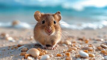 ai generado pequeño roedor en playa mirando a cámara foto